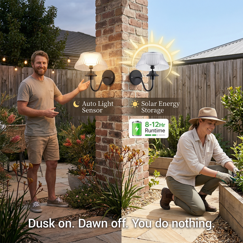 Two people in a garden with solar lights and text about auto light sensor and solar energy storage.