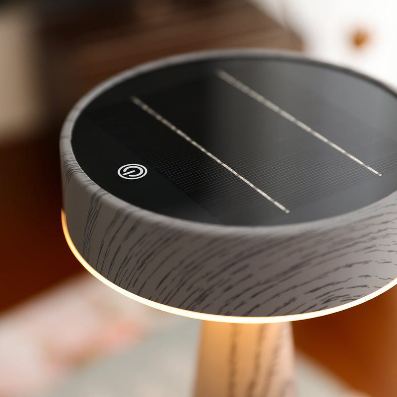 Black and wood-textured round device with a power symbol on a blurred background