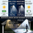 Infographic showing T007ES LiFePO4 15Ah battery lasting 2 full nights at 100% brightness — charged Friday, bright Friday night and Saturday night, reserve capacity Sunday morning. Lower panel shows microwave radar sensor detecting movement at 10m range, triggering instant 100% rectangular beam from 15% standby glow.