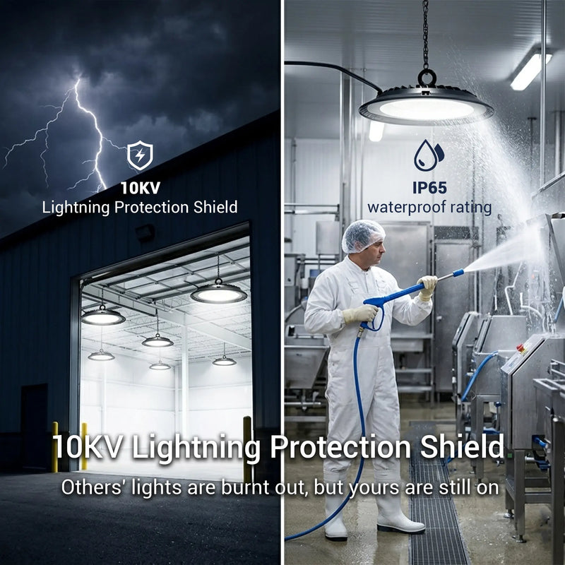UFO LED high bay light 10KV lightning protection shield warehouse exterior during storm versus IP65 waterproof rating food processing facility hose-down test