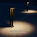 Two outdoor lights illuminating a path with a quote 'Light Where You Walk. Not Where You Don't.'