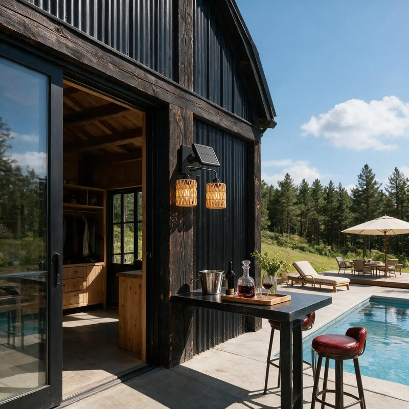 A modern outdoor bar setup with two black metal wall sconces featuring woven amber glass shades, mounted on a dark wood-clad building beside a pool deck with lounge chairs and a forest background.