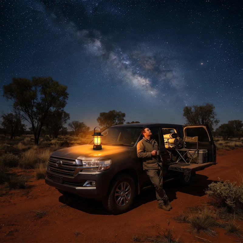 Man leans against 4WD under Milky Way, solar lantern perched on hood — rugged outback adventure lighting solution.