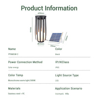 Product information card for a solar-powered outdoor light with dimensions and features listed.