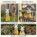 Three-panel comparison showing OUTWAY Hoppi A004 standing 53cm solar rabbit beside a boy in a garden on the left sitting 43cm rabbit on a deck balcony in the centre and both rabbits together as the Bunny Family in a flower bed at the bottom with text overlay Standing 53cm Your Gardens Star Sitting 43cm Fits Anywhere Buy Both The Bunny Family