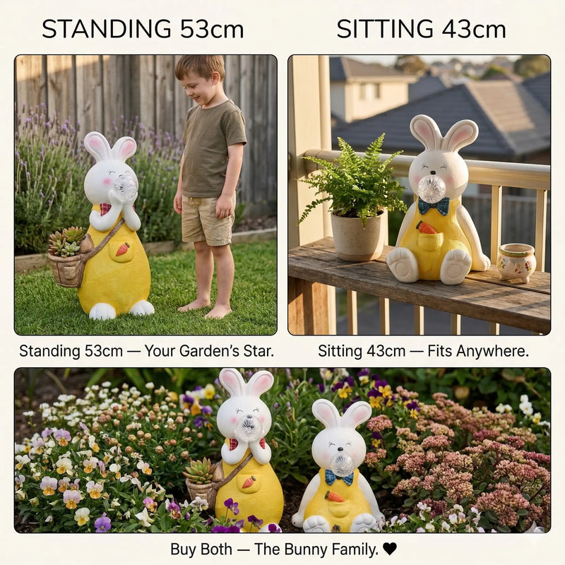 Three-panel comparison showing OUTWAY Hoppi A004 standing 53cm solar rabbit beside a boy in a garden on the left sitting 43cm rabbit on a deck balcony in the centre and both rabbits together as the Bunny Family in a flower bed at the bottom with text overlay Standing 53cm Your Gardens Star Sitting 43cm Fits Anywhere Buy Both The Bunny Family
