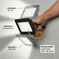 E027EI Voro floodlight 270° no-tool bracket adjustment diagram, hand rotating the light head through three positions: Down 30°, Horizontal 90°, and Up 150°, with orange arc graphic