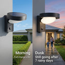 Split image showing Serra solar wall light charging face-up in morning sun versus illuminating driveway path at dusk, text: Morning full charge under 3 hours, still going after 7 rainy days