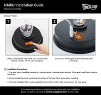 Instruction guide diagram for installing a HAIKU bamboo accent light, showing two numbered steps with a hand turning a switch and a USB charging cable, on a white background with black text and headers.