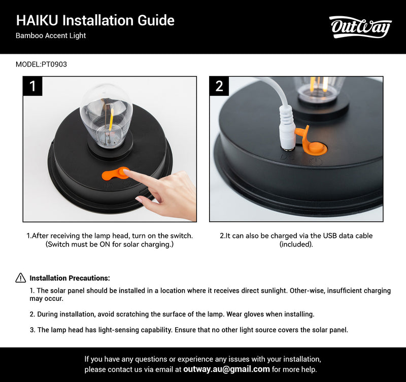 Instruction guide diagram for installing a HAIKU bamboo accent light, showing two numbered steps with a hand turning a switch and a USB charging cable, on a white background with black text and headers.