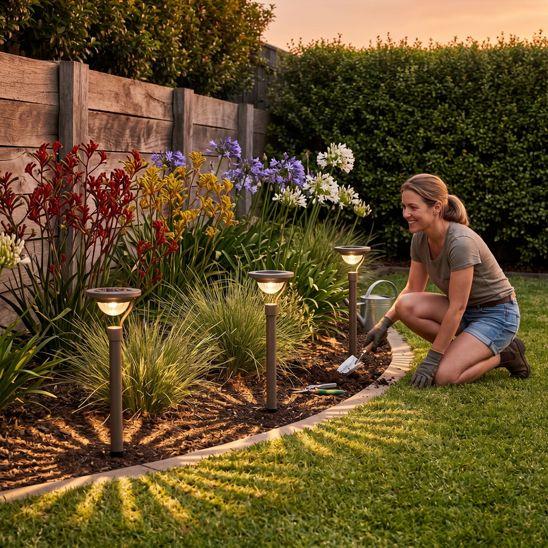 Woman kneeling beside flowerbed installing solar lights along garden edge at sunset, surrounded by native Australian flora like kangaroo paws and agapanthus — illustrating seamless integration into landscaped gardens and enhancing curb appeal with warm, natural lighting.