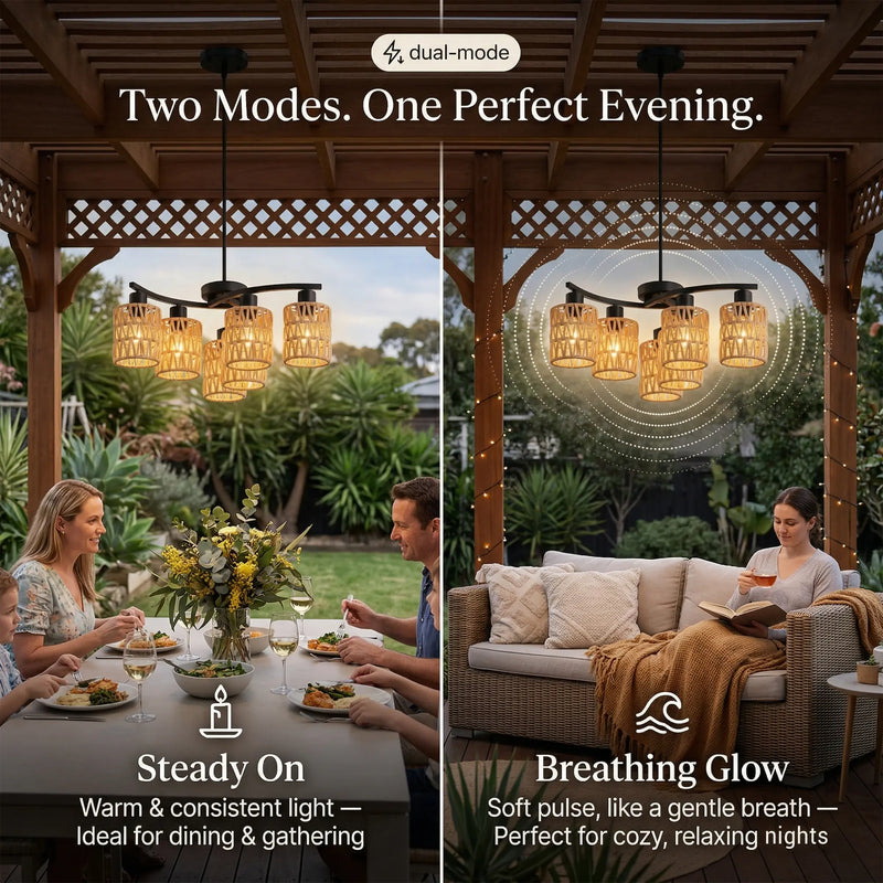 Two modes of a chandelier lighting system in an outdoor setting with people dining and relaxing.Outway PT0912 split-screen comparison steady on mode warm consistent light left side breathing glow soft pulse right side