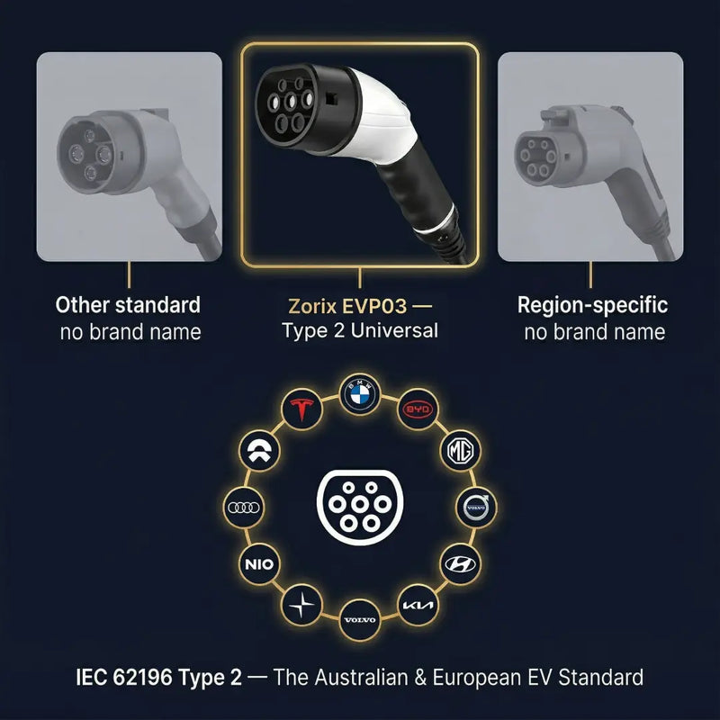 Diagram of electric vehicle charging plugs with Zorix EVP03 Type 2 Universal plug highlighted.