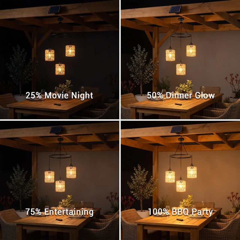 A four-panel comparison graphic showing a hanging pendant light in a rustic outdoor patio setting at night, labeled 25% Movie Night, 50% Dinner Glow, 75% Entertaining, and 100% BBQ Party, to demonstrate light output and ambiance.