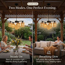 Two modes of a chandelier lighting system in an outdoor setting with people dining and relaxing.