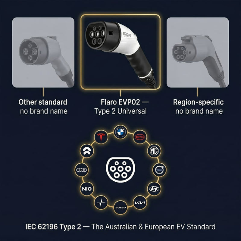 Electric vehicle charging plugs with brand logos and standards on a dark background