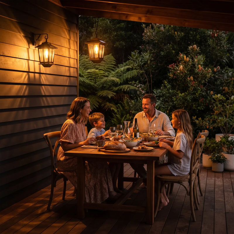 Family of four enjoying dinner on wooden deck under HeritageGlow Solar Lanterns mounted on wall and hanging from pergola, showcasing their use as ambient outdoor dining lighting that enhances family gatherings with warm, inviting glow.