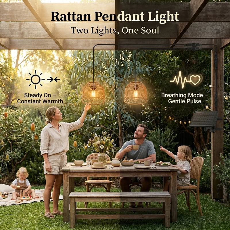 Family enjoying a meal outdoors under a wooden pergola with rattan pendant lights.