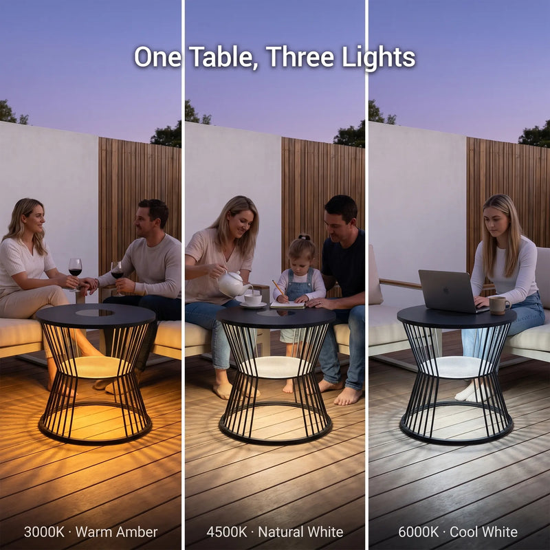 Three different lighting conditions on a black metal table outdoors.