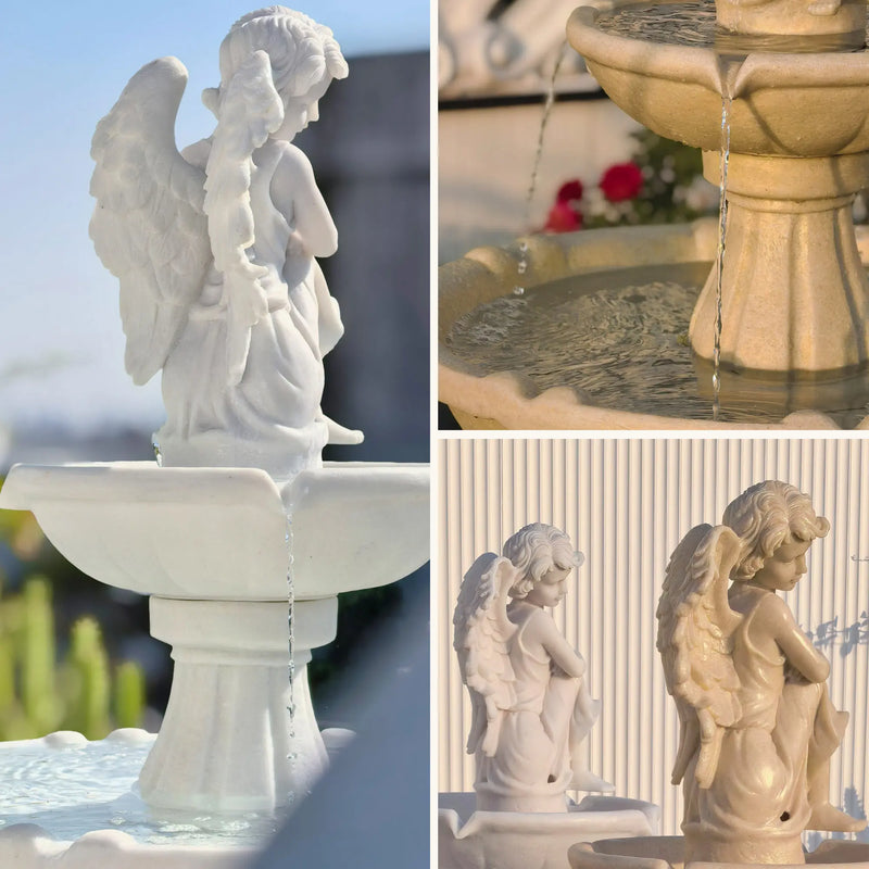 Three-panel detail collage of OUTWAY angel solar fountain showing close-up of white winged angel statue on upper tier with water flowing, cream yellow tier close-up with water cascading over scalloped edge beside red roses, and side-by-side comparison of ivory white and cream yellow angel figurines