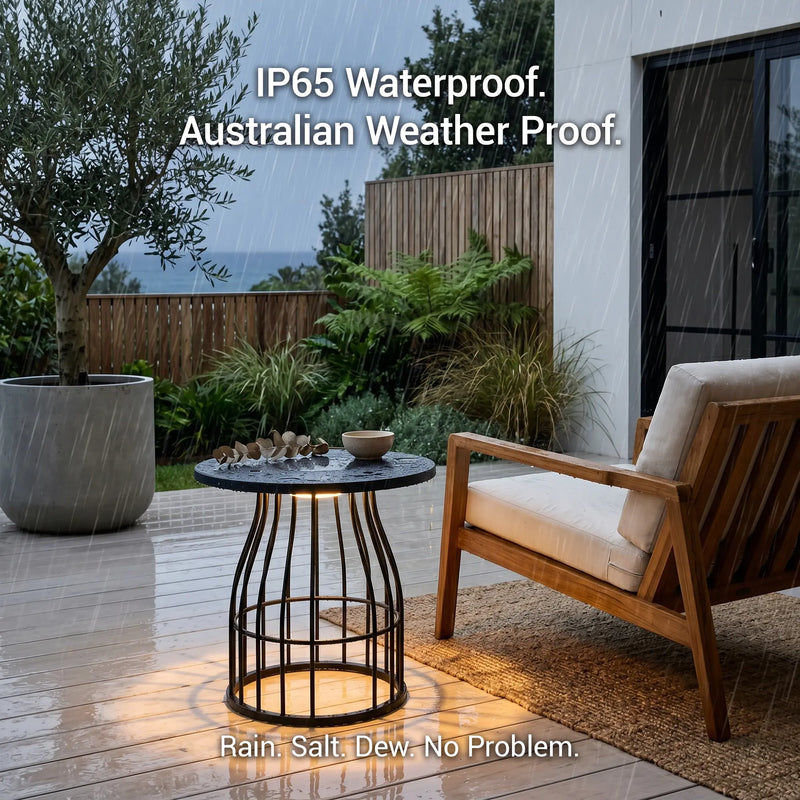 Outdoor furniture set on a patio with text highlighting waterproof features.