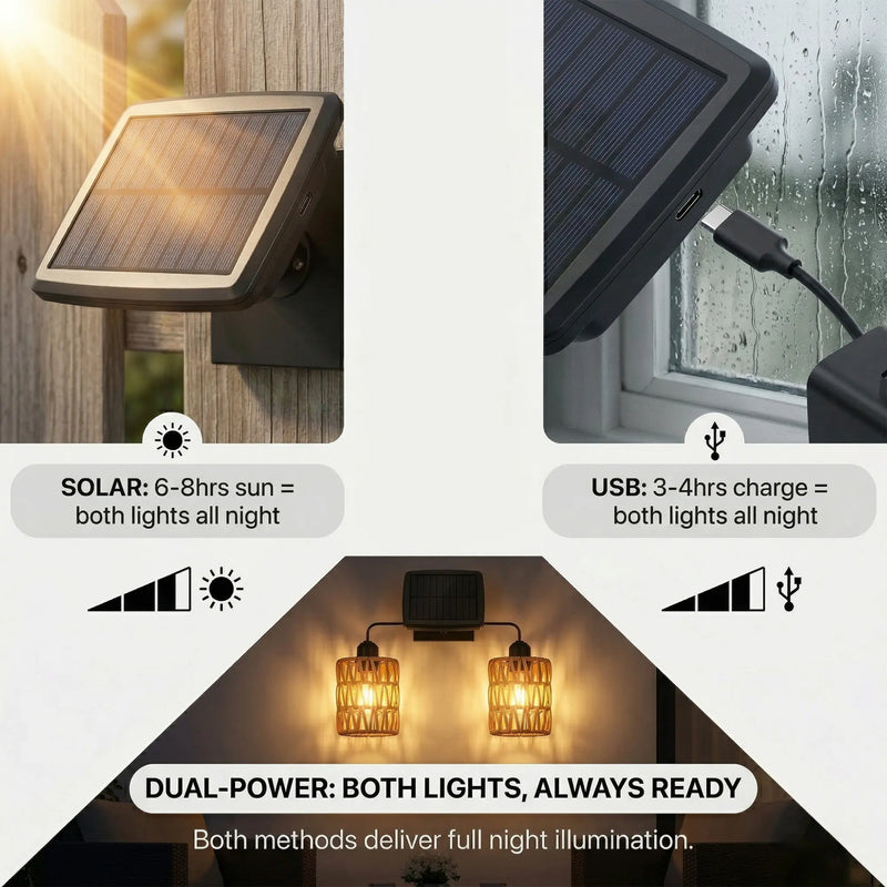 Solar-powered outdoor light fixture with USB charging option, shown on a wooden post and near a window.