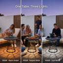 Outdoor setting with a table illuminated by three different light temperatures on a deck.