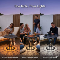 Outdoor setting with a table illuminated by three different light temperatures on a deck.