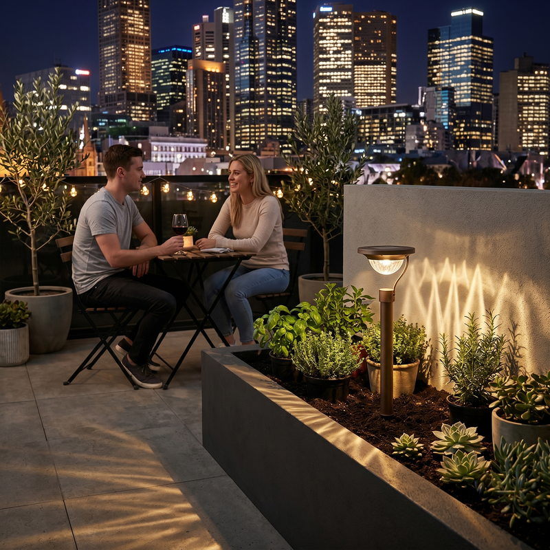Solar path light illuminating a rooftop herb garden at night with city skyline backdrop, casting soft shadows on concrete planters while a couple enjoys wine — demonstrating versatility for urban balconies, terraces, and small-space gardening with stylish, functional ambiance.