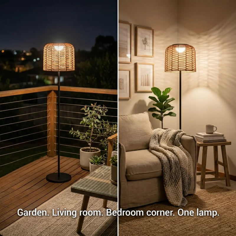 A split-screen image displaying the PT0908 Floor Lamp's versatility across multiple scenes: a night-time balcony on the left and an indoor living room corner on the right, emphasizing its 'Garden. Living room. Bedroom corner. One lamp.' indoor and outdoor adaptable design.