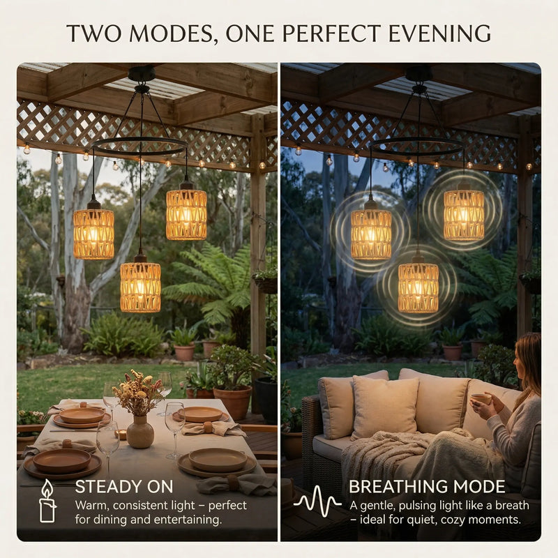 Outdoor setting with hanging lights labeled 'Steady On' and 'Breathing Mode' in a garden.
