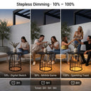 Stepless dimming feature demonstration with people interacting in a modern outdoor setting.