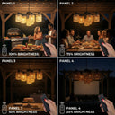 Collage of four panels showing outdoor lighting with remote control adjustments.