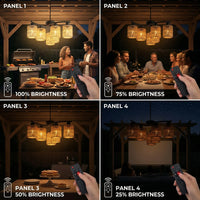 Collage of four panels showing outdoor lighting with remote control adjustments.