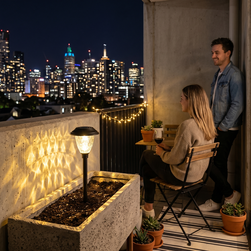 Solar light placed in concrete planter on balcony overlooking city skyline at night, with couple enjoying wine — demonstrating versatility for urban apartments and small-space outdoor living.