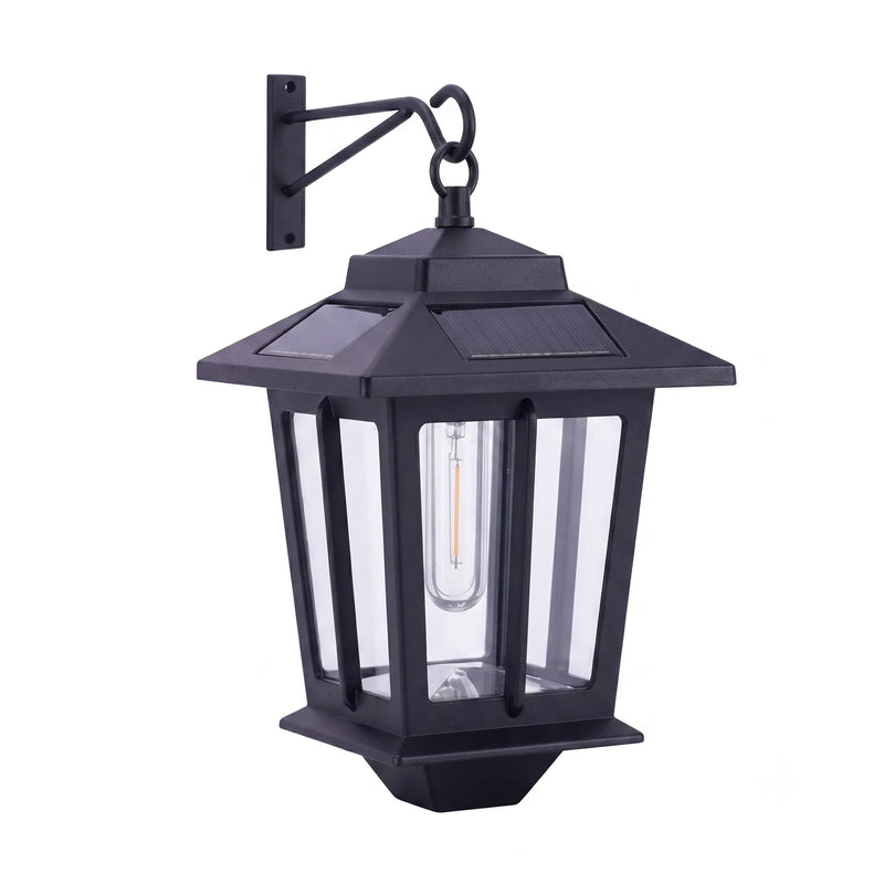 HeritageGlow Solar Lantern in Wall Mount Mode against white background, displaying matte black die-cast aluminium body, clear glass panels, and integrated solar panel on top — ideal for product detail view and installation reference.