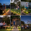 Six-panel collage showcasing solar garden lights in diverse outdoor settings: man grilling on deck, family playing soccer on lawn, woman watering raised garden bed, couple enjoying wine at patio table, boy walking dog past chicken coop, and group gathered around fire pit — demonstrating versatility across entertaining, gardening, and family activities.