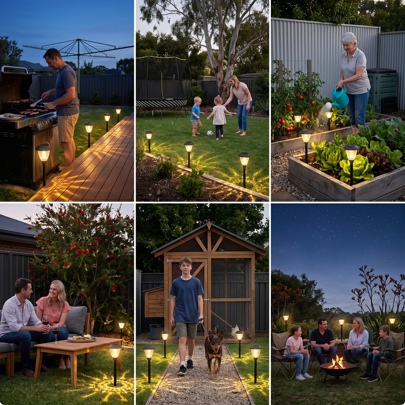 Six-panel collage showcasing solar garden lights in diverse outdoor settings: man grilling on deck, family playing soccer on lawn, woman watering raised garden bed, couple enjoying wine at patio table, boy walking dog past chicken coop, and group gathered around fire pit — demonstrating versatility across entertaining, gardening, and family activities.
