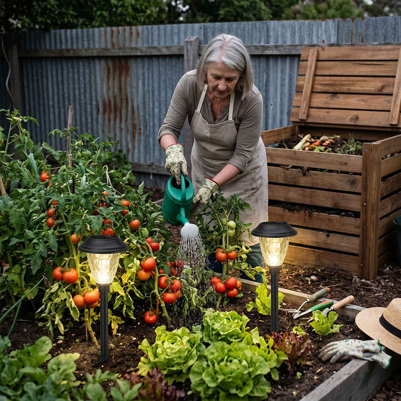 Close-up of solar pathway light with textured glass lens nestled among tomato plants and lettuce in raised garden bed, highlighting its elegant design and seamless integration into vegetable gardens — perfect for enhancing edible landscapes with ambient, low-profile illumination.