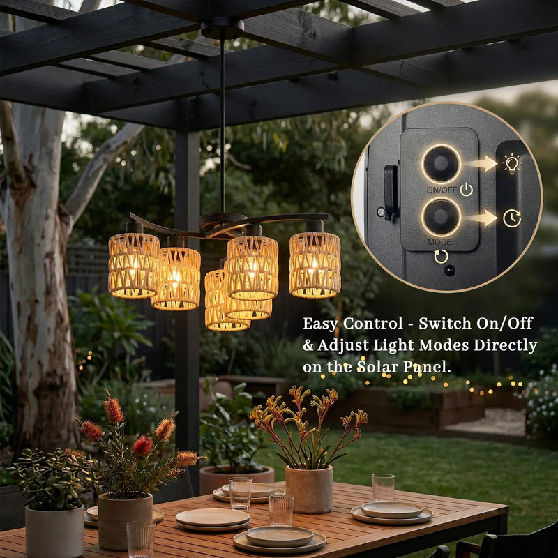 Outdoor setting with hanging lights and a solar panel control unit.