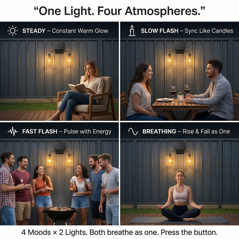 Four different scenes showing people interacting with a light fixture labeled 'One Light. Four Atmospheres.'