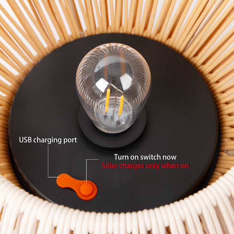 Solar Ceiling Light bulb with USB charging port and switch on a woven surface