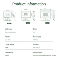 LED motion sensor floodlight's product information chart with dimensions, materials, and specifications.