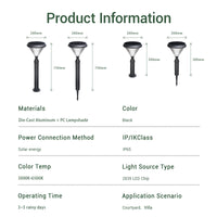 Product information chart for solar lights with dimensions, materials, and specifications.