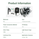 Product information card with LED string fairy lights, remote control, and solar panel on a white background.