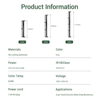 Product information chart for a lighting fixture with dimensions, materials, and specifications.
