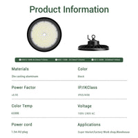 Product information for a high-bay light with specifications listed.