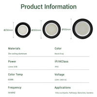 Product information chart with dimensions, materials, and specifications of a light fixture.