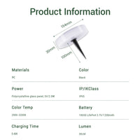 Product information card with specifications of a round solar light.