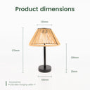 Product dimensions diagram for a table lamp with a woven natural rattan shade, black metal stem and base, shown on a light gray background with labeled measurements of 370mm height, 120mm top width, 200mm side height, 25mm side depth, and 120mm base diameter.